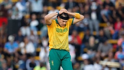 South Africa's Gerald Coetzee reacts after delivering a ball during the fourth T20 international cricket match between South Africa and India. (Photo by PHILL MAGAKOE / AFP) (AFP) South Africa's Gerald Coetzee reacts after delivering a ball during the fourth T20 international cricket match between South Africa and India. (Photo by PHILL MAGAKOE / AFP) (AFP)