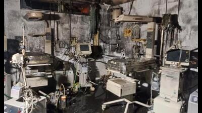 Charred ward of the Neonatal Intensive Care Unit (NICU) after a fire at the Maharani Lakshmi Bai Medical College, in Jhansi. (PTI Photo)
