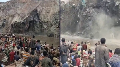 A video shows a mountain collapse revealing tonnes of copper in Congo (X/@curioXities) A video shows a mountain collapse revealing tonnes of copper in Congo (X/@curioXities)