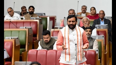 Haryana Chief Minister Nayab Singh Saini speaking during the fourth day of the Winter Session of Haryana Vidhan Sabha at Chandigarh on Tuesday. (Keshav Singh/HT) Haryana Chief Minister Nayab Singh Saini speaking during the fourth day of the Winter Session of Haryana Vidhan Sabha at Chandigarh on Tuesday. (Keshav Singh/HT)