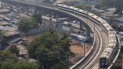 Mumbai, India - January 11, 2023: Aerial view of Metro 2A Line trial run over Linking Road near Adarsh Nagar, at Andheri, in Mumbai, India, on Wednesday, January 11, 2023. (Photo by Vijay Bate/HT Photo) (HT PHOTO) Mumbai, India - January 11, 2023: Aerial view of Metro 2A Line trial run over Linking Road near Adarsh Nagar, at Andheri, in Mumbai, India, on Wednesday, January 11, 2023. (Photo by Vijay Bate/HT Photo) (HT PHOTO)