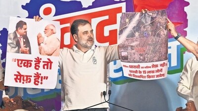 Rahul Gandhi mocked BJP`s EK Hai Toh Safe Hai and said the Dharavi Slum Project is designed to benefit Adani. (Photo by Raju Shinde/HT Photo) (Hindustan Times) Rahul Gandhi mocked BJP`s EK Hai Toh Safe Hai and said the Dharavi Slum Project is designed to benefit Adani. (Photo by Raju Shinde/HT Photo) (Hindustan Times)