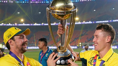 Travis Head and Marnus Labuschagne pose with the trophy after Australia beat India in the finals of the 2023 ODI World Cup in Ahmedabad. (PTI) Travis Head and Marnus Labuschagne pose with the trophy after Australia beat India in the finals of the 2023 ODI World Cup in Ahmedabad. (PTI)