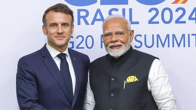 Prime Minister Narendra Modi with French President Emmanuel Macron on the sidelines of the G20 summit in Rio de Janeiro on Monday. (Official handout) Prime Minister Narendra Modi with French President Emmanuel Macron on the sidelines of the G20 summit in Rio de Janeiro on Monday. (Official handout)