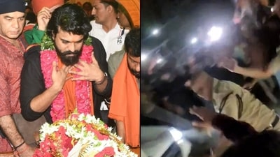 After Ram Charan's temple visit, he went to a dargah where police had to hit fans to control the crowd. After Ram Charan's temple visit, he went to a dargah where police had to hit fans to control the crowd.