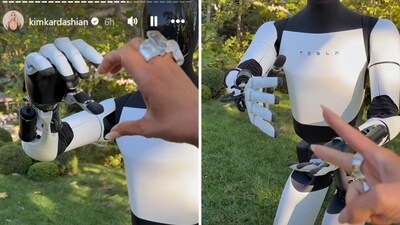 The image shows Elon Musk’s humanoid robot playing rock-paper-scissors with Kim Kardashian. (Instagram/@kimkardashian) The image shows Elon Musk’s humanoid robot playing rock-paper-scissors with Kim Kardashian. (Instagram/@kimkardashian)