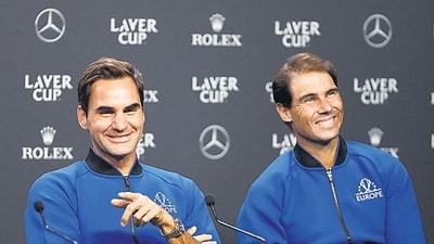Roger Federer and Rafael Nadal during a press conference in London in September 2022. (Action Images via Reuters) Roger Federer and Rafael Nadal during a press conference in London in September 2022. (Action Images via Reuters)