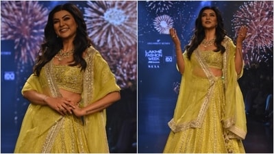 Sushmita Sen stunned at Lakme Fashion Week in a mint-yellow embroidered blouse, flared skirt, and bordered dupatta, nailing ethnic fashion like a pro. (HT Photo/Varinder Chawla) Sushmita Sen stunned at Lakme Fashion Week in a mint-yellow embroidered blouse, flared skirt, and bordered dupatta, nailing ethnic fashion like a pro. (HT Photo/Varinder Chawla)