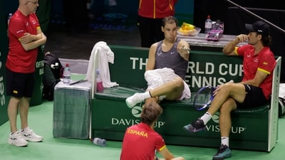 Spain's Rafael Nadal and coach Carlos Moya during a practice session (REUTERS)
