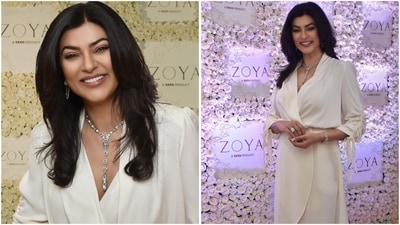 Sushmita wows in a white draped dress accessorised with dazzling diamond jewels, including an opulent necklace, statement earrings, a sparkling ring, and dewy makeup. (Instagram) Sushmita wows in a white draped dress accessorised with dazzling diamond jewels, including an opulent necklace, statement earrings, a sparkling ring, and dewy makeup. (Instagram)