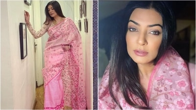 Sushmita Sen's saree look in a pink six-yard drape defines elegance and grace. The organza saree, adorned with enchanting floral prints, was perfectly paired with a matching full-sleeved netted blouse (Instagram) Sushmita Sen's saree look in a pink six-yard drape defines elegance and grace. The organza saree, adorned with enchanting floral prints, was perfectly paired with a matching full-sleeved netted blouse (Instagram)