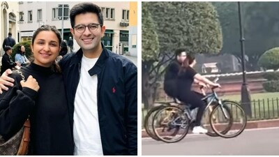 Parineeti Chopra and Raghav Chadha cycled together in Delhi on Tuesday. Parineeti Chopra and Raghav Chadha cycled together in Delhi on Tuesday.