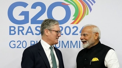 UK's Prime Minister Keir Starmer and India's Prime Minister Narendra Modi during a bilateral meeting on the sidelines of the G20 summit in Rio de Janeiro, Brazil Brazil, on November 18, 2024. (AFP)