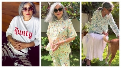 Fiercely unapologetic, the actor owns all styles, even rocking in casual co-ord set and graphic tees. She wore the aunty print tee to normalise the word ‘aunty’ as it has a derogatory connotation, related to ageism. (Instagram) Fiercely unapologetic, the actor owns all styles, even rocking in casual co-ord set and graphic tees. She wore the aunty print tee to normalise the word ‘aunty’ as it has a derogatory connotation, related to ageism. (Instagram)