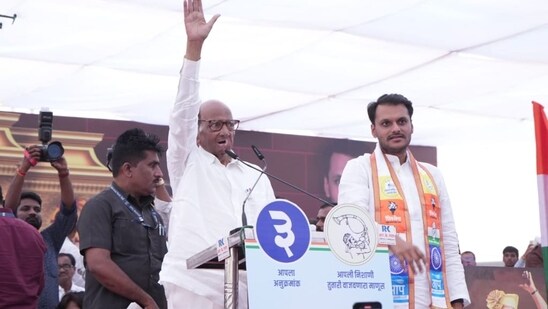 Addressing a rally for the NCP (SP) candidate and his grand-nephew Yugendra Pawar, Pawar senior reminisced about his political journey. (HT PHOTO)