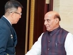 Defense minister Rajnath Singh meets Chinese minister of National Defence, Admiral Dong Jun during the 11th ASEAN Defence Ministers Meeting-Plus (ADMM Plus), in Vientiane on Wednesday. (ANI.) Defense minister Rajnath Singh meets Chinese minister of National Defence, Admiral Dong Jun during the 11th ASEAN Defence Ministers Meeting-Plus (ADMM Plus), in Vientiane on Wednesday. (ANI.)