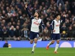 Tottenham Hotspur's Rodrigo Bentancur celebrates scoring goal with Son Heung-min.