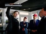 Elon Musk gives a tour to U.S. President-elect Donald Trump and lawmakers of the control room before the launch of the sixth test flight of the SpaceX Starship rocket, in Brownsville, Texas, U.S., November 19, 2024 . 