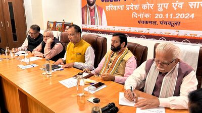 (From R) Union minister Manohar Lal Khattar, Haryana CM Nayab Singh Saini and state BJP chief Mohan Lal Badoli and others at the BJP core committee meet. (HT Photo)