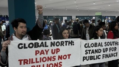 Activists demonstrate for climate finance at the COP29 Summit in Baku on Wednesday. (AP)
