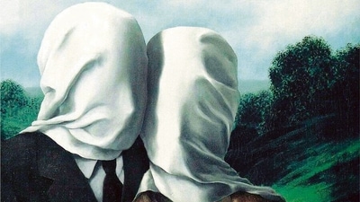 Aim to see more clearly: The Lovers I by Rene Magritte; 1928. Aim to see more clearly: The Lovers I by Rene Magritte; 1928.