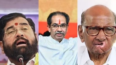 Maharashtra chief minister Eknath Shinde, Shiv Sena (UBT) chief Uddhav Thackeray and NCP(SP) president Sharad Pawar. Maharashtra chief minister Eknath Shinde, Shiv Sena (UBT) chief Uddhav Thackeray and NCP(SP) president Sharad Pawar.