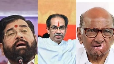 Maharashtra chief minister Eknath Shinde, Shiv Sena (UBT) chief Uddhav Thackeray and NCP(SP) president Sharad Pawar. Maharashtra chief minister Eknath Shinde, Shiv Sena (UBT) chief Uddhav Thackeray and NCP(SP) president Sharad Pawar.