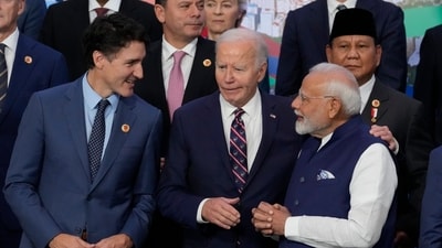 Canada's Prime Minister Justin Trudeau, from left, U.S. President Joe Biden and India's Prime Minister Narendra Modi gather for the G20 Summit world leaders' group photo, in Rio de Janeiro, Tuesday, Nov. 19, 2024. AP/PTI(AP11_19_2024_000518A) (AP) Canada's Prime Minister Justin Trudeau, from left, U.S. President Joe Biden and India's Prime Minister Narendra Modi gather for the G20 Summit world leaders' group photo, in Rio de Janeiro, Tuesday, Nov. 19, 2024. AP/PTI(AP11_19_2024_000518A) (AP)
