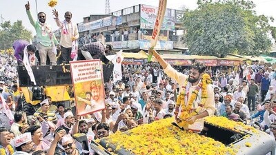PJP chief Bachchu Kadu (holding a bat) is seeking a fifth term from Achalpur. The party is contesting four seats in Amravati PJP chief Bachchu Kadu (holding a bat) is seeking a fifth term from Achalpur. The party is contesting four seats in Amravati