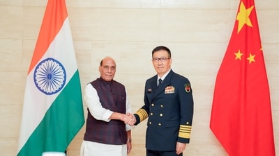 Defence minister Rajnath Singh meets Chinese minister Of national defence, Admiral Dong Jun during the 11th ASEAN Defence Ministers Meeting-Plus (ADMM Plus), in Vientiane on Wednesday. (ANI) Defence minister Rajnath Singh meets Chinese minister Of national defence, Admiral Dong Jun during the 11th ASEAN Defence Ministers Meeting-Plus (ADMM Plus), in Vientiane on Wednesday. (ANI)