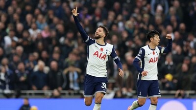 Tottenham Hotspur's Rodrigo Bentancur celebrates scoring goal with Son Heung-min. (REUTERS)
