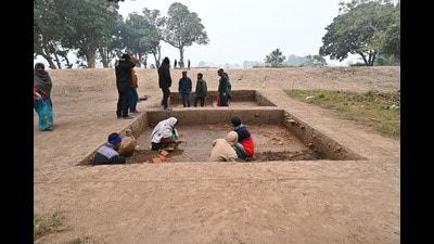 The site of excavation at Banarsiha Kala in Maharajganj showing remains of the Kushana, Sunga and Maurya periods. (HT) The site of excavation at Banarsiha Kala in Maharajganj showing remains of the Kushana, Sunga and Maurya periods. (HT)