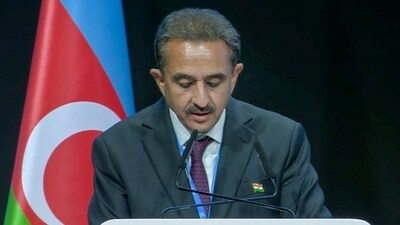 Union Minister of State for Environment Kirti Vardhan Singh delivers India's national statement during the COP29 climate conference, in Baku, Azerbaijan, Tuesday. (PTI) Union Minister of State for Environment Kirti Vardhan Singh delivers India's national statement during the COP29 climate conference, in Baku, Azerbaijan, Tuesday. (PTI)