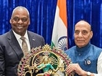 Defence minister Rajnath Singh meets US Secretary of Defense Lloyd J Austin at the 11th ASEAN Defence Ministers’ Meeting-Plus, in Vientiane on Thursday. (Ministry of Defence, Government)