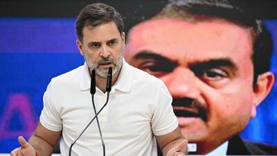 Congress MP Rahul Gandhi addresses a press conference on the Gautam Adani bribery charges in New Delhi on Thursday. (AFP Photo) Congress MP Rahul Gandhi addresses a press conference on the Gautam Adani bribery charges in New Delhi on Thursday. (AFP Photo)
