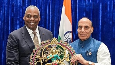 Defence minister Rajnath Singh meets US Secretary of Defense Lloyd J Austin at the 11th ASEAN Defence Ministers’ Meeting-Plus, in Vientiane on Thursday. (Ministry of Defence, Government)