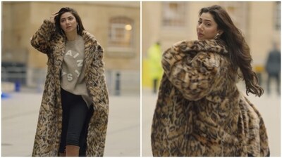 Mahira Khan pairs the animal-print coat with a simple jumper and leggings. Mahira Khan pairs the animal-print coat with a simple jumper and leggings.