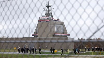 Delegates visit the deck house of the American ballistic missile defence base to be integrated into the "Aegis Ashore" missile defense system, on the day of its inauguration in Redzikowo, Poland, November 13, 2024. (REUTERS)