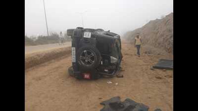 The victim’s Mahindra Thar had overturned on the uneven Sector 86-105 road amid the darkness on Saturday night. (HT Photo)
