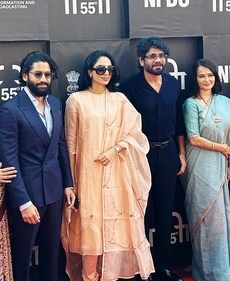 Naga Chaitanya, Sobhita Dhulipala, Nagarjuna, Amala Akkineni posed together at IFFI 2024. Naga Chaitanya, Sobhita Dhulipala, Nagarjuna, Amala Akkineni posed together at IFFI 2024.