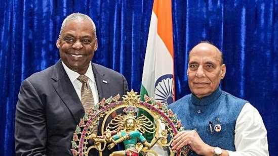Defence minister Rajnath Singh meets US Secretary of Defense Lloyd J Austin at the 11th ASEAN Defence Ministers’ Meeting-Plus, in Vientiane on Thursday. (Ministry of Defence, Government)