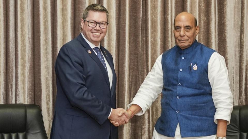 Defence minister Rajnath Singh during a meeting with Australian defence minister Pat Conroy on the sidelines of 11th ASEAN Defence Ministers’ Meeting (ADMM) Plus, in Vientiane, Laos. (PTI/IMAGE VIA @rajnathsingh) Defence minister Rajnath Singh during a meeting with Australian defence minister Pat Conroy on the sidelines of 11th ASEAN Defence Ministers’ Meeting (ADMM) Plus, in Vientiane, Laos. (PTI/IMAGE VIA @rajnathsingh)