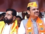 Maharashtra chief minister and Shiv Sena Kopri Pachapakkhadi assembly constituency candidate Eknath Shinde accompanied by state deputy CM Devendra Fadnavis and others in Thane. Maharashtra chief minister and Shiv Sena Kopri Pachapakkhadi assembly constituency candidate Eknath Shinde accompanied by state deputy CM Devendra Fadnavis and others in Thane.
