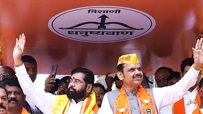 Maharashtra chief minister and Shiv Sena Kopri Pachapakkhadi assembly constituency candidate Eknath Shinde accompanied by state deputy CM Devendra Fadnavis and others in Thane. (Eknath Shinde-X) Maharashtra chief minister and Shiv Sena Kopri Pachapakkhadi assembly constituency candidate Eknath Shinde accompanied by state deputy CM Devendra Fadnavis and others in Thane. (Eknath Shinde-X)