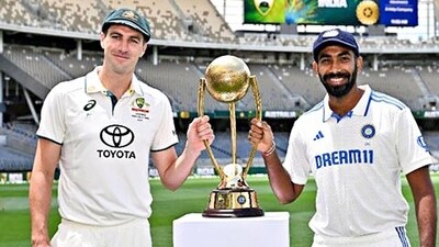 Indian Skipper Jasprit Bumrah and Australian Skipper Pat Cummins pose with the Border-Gavaskar Trophy for a photograph, in Perth on Thursday. ((X/ICC)) Indian Skipper Jasprit Bumrah and Australian Skipper Pat Cummins pose with the Border-Gavaskar Trophy for a photograph, in Perth on Thursday. ((X/ICC))
