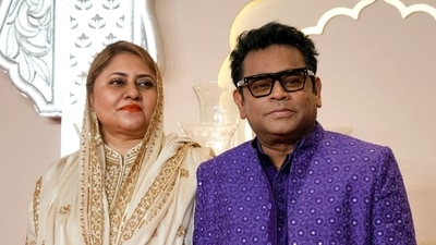 AR Rahman poses for a photograph with his wife Saira Banu at the Ambani wedding. (AP Photo /Rajanish Kakade) (AP) AR Rahman poses for a photograph with his wife Saira Banu at the Ambani wedding. (AP Photo /Rajanish Kakade) (AP)