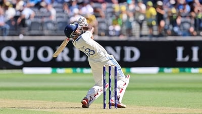 Nitish Kumar Reddy hits a six in Perth. Nitish Kumar Reddy hits a six in Perth.