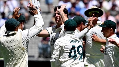 Australia celebrate a wicket taken by Mitchell Marsh at the Optus Stadium in Perth. (AFP) Australia celebrate a wicket taken by Mitchell Marsh at the Optus Stadium in Perth. (AFP)