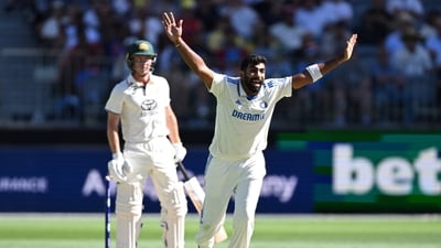 India's Jasprit Bumrah appeals for the lbw wicket of Australia's Nathan McSweeney, awarded on review. (AAP Image via REUTERS)