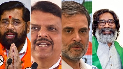 Maharashtra chief minister Eknath Shinde, deputy CM Devendra Fadnavis of BJP, Congress leader Rahul Gandhi and Jharkhand CM Hemant Soren, Maharashtra chief minister Eknath Shinde, deputy CM Devendra Fadnavis of BJP, Congress leader Rahul Gandhi and Jharkhand CM Hemant Soren,